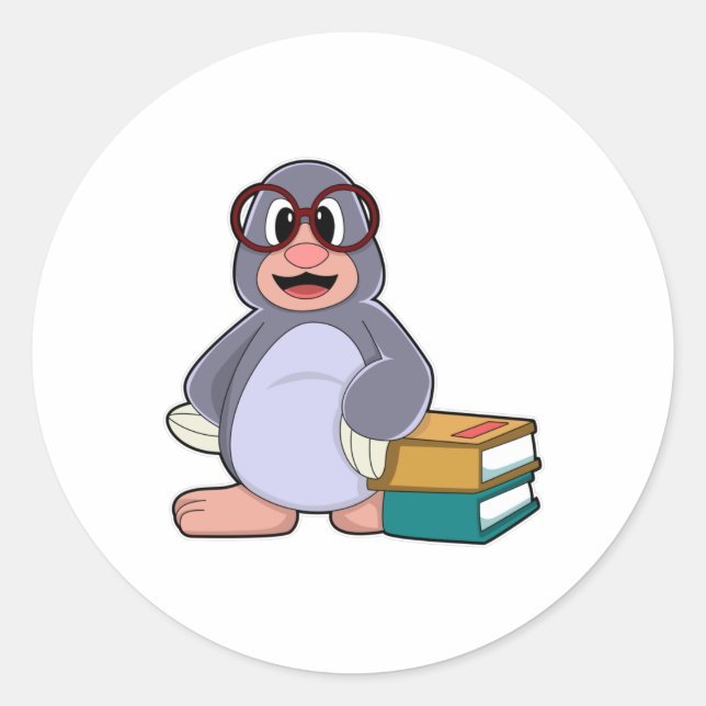 Sticker Rond Mole avec lunettes et livres (Devant)