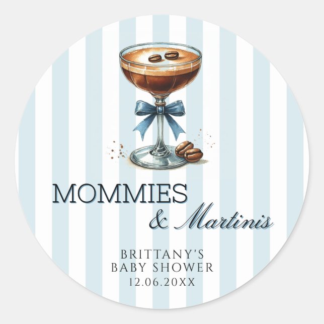 Sticker Rond Mommies and Martinis Blue Bow Boy Baby shower (Devant)