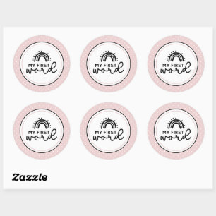 Sticker Rond Mon premier mot arc-en-ciel et jalon pois