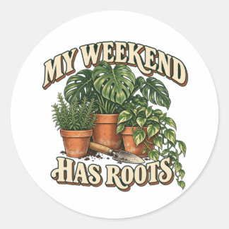 Sticker Rond Mon week-end a des racines Retro plantes d'intérie