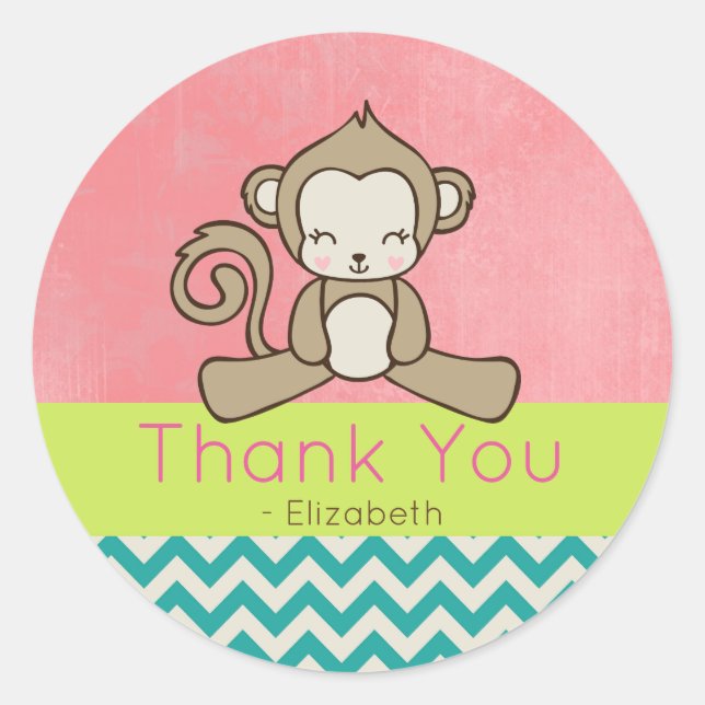 Sticker Rond Monkey Cute Kawaii Happy Merci (Devant)
