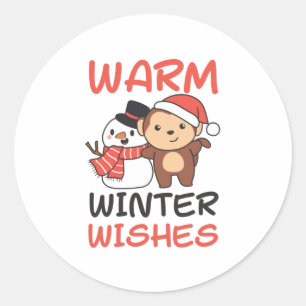 Sticker Rond Monkey Warm Winter souhaite Snowman