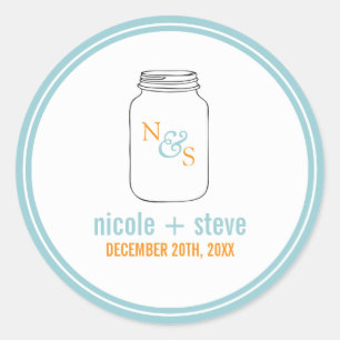 Sticker Rond Monnaie et Tangerine Mason Jar Mariage monogramme