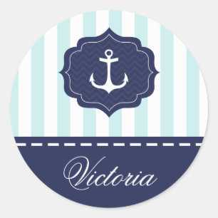 Sticker Rond Monnaie marine Ancre bleue Nom personnalisé