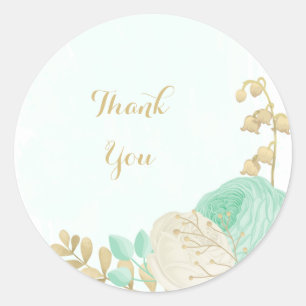 Sticker Rond Monnaie romantique vert & fleurs blanches or