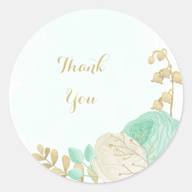 Sticker Rond Monnaie romantique vert & fleurs blanches or (Devant)