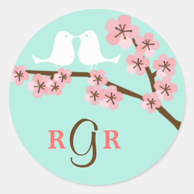 Sticker Rond Monnaie verte et rose cerisier en fleurs Mariage m (Devant)