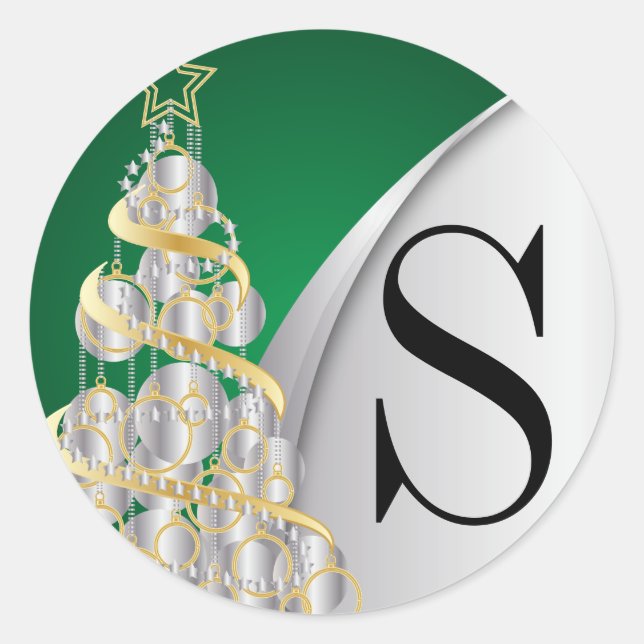 Sticker Rond Monogram Argent, Or et Vert Joyeux Noël (Devant)