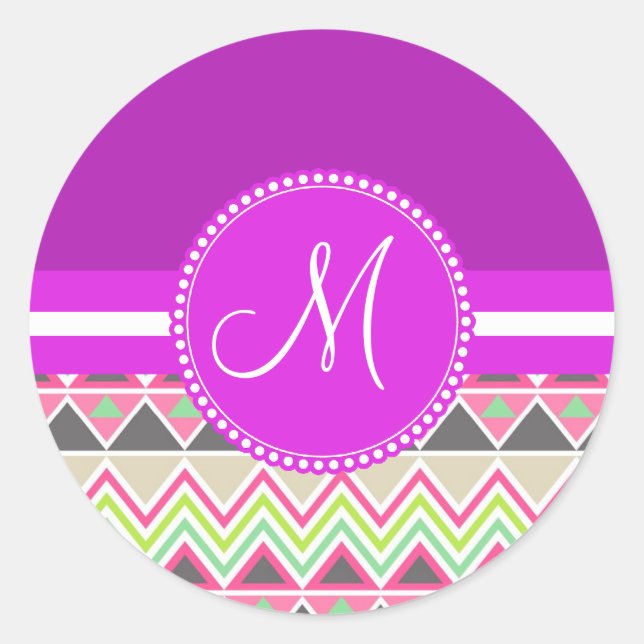 Sticker Rond Monogram Aztec Andes Tribal Mountains Chevron (Devant)