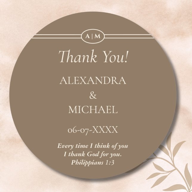 Sticker Rond Monogram Cream Brown Christian Wedding Thank You (Créateur téléchargé)