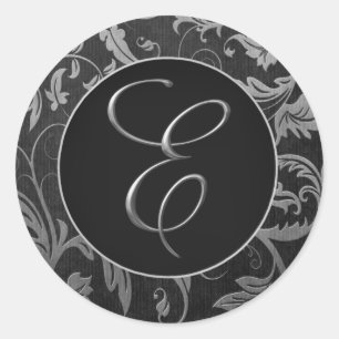 Sticker Rond Monogram E Silver et Black Mariage damassé Seal