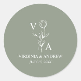 Sticker Rond Monogram Green Minimalist Boho Wedding Classic