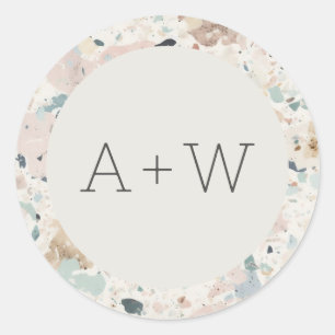 Sticker Rond Monogram Initiales Pastel Terrazzo Motif Mariage