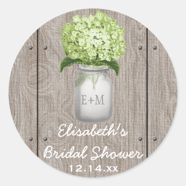 Sticker Rond Monogram Mason Jar Green Hydrangea Fête des mariée (Devant)