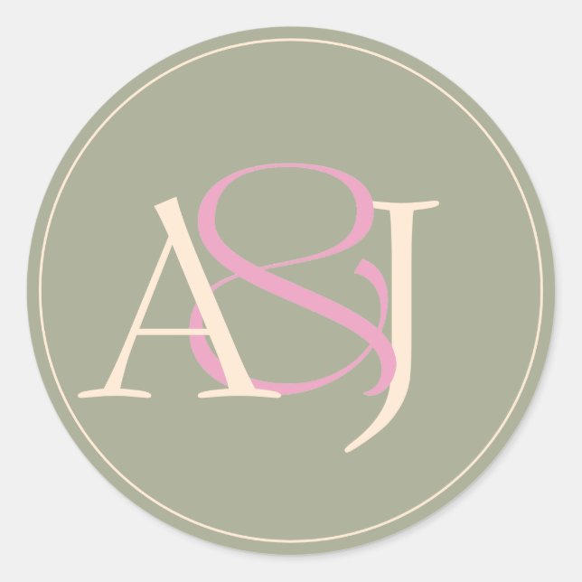 Sticker Rond Monogram Minimalist Sage Green & Rose Pink Wedding (Devant)