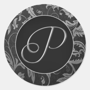 Sticker Rond Monogram P Silver et Black Mariage damassé Seal