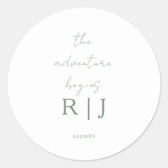 Sticker Rond Monogram Sage Green Quote Adventure Begins Wedding (Devant)
