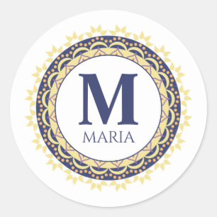 Sticker Rond Monogram Tendance Typographie Chic bleu Nom
