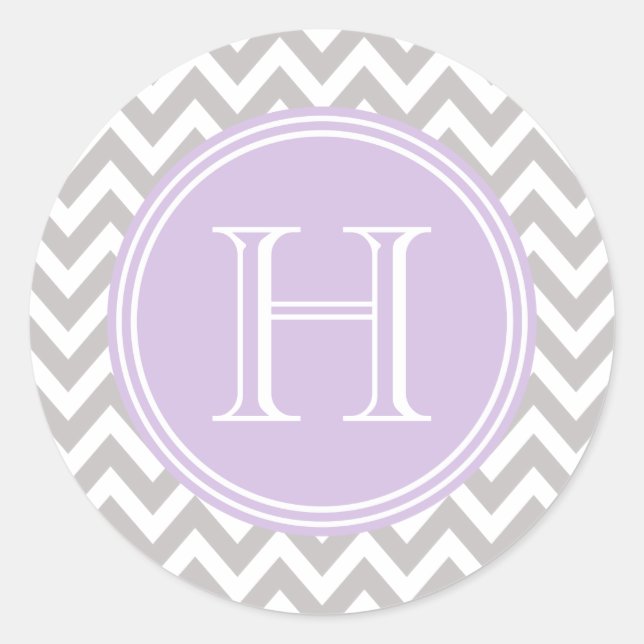 Sticker Rond Monograma lilas dans gris chevrón élégant (Devant)