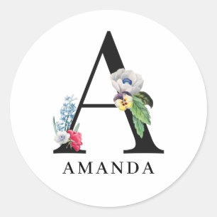 Sticker Rond Monogramme A Alphabet Floral Personnalisé