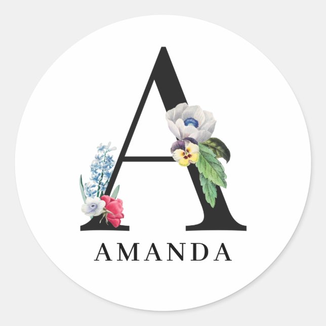 Sticker Rond Monogramme A d'alphabet floral personnalisé  (Devant)
