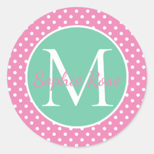 Sticker Rond Monogramme à pointes rose et vert Preppy