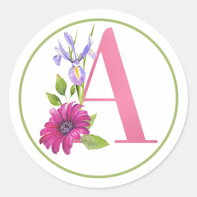 Sticker Rond Monogramme A rose avec fleurs d'été (Devant)