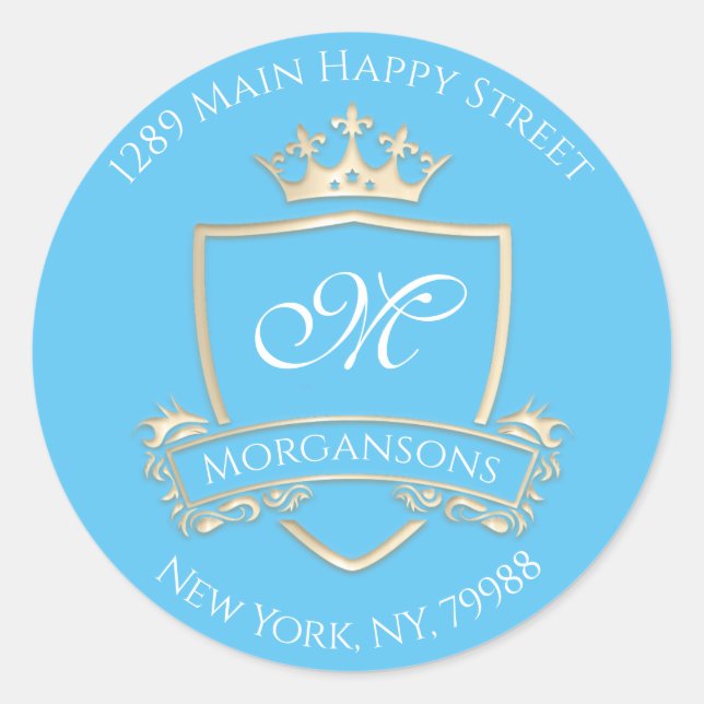 Sticker Rond Monogramme Adresse Couronne Royal Gold Blue RSVP (Devant)