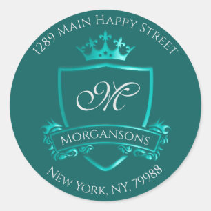 Sticker Rond Monogramme Adresse Couronne Royal Princesse Turquo