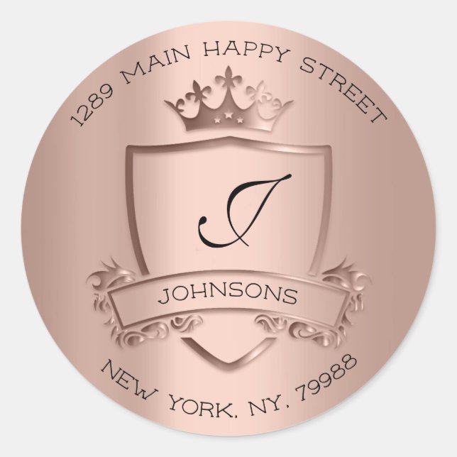 Sticker Rond Monogramme Adresse Couronne Royal RSVP Rose (Devant)