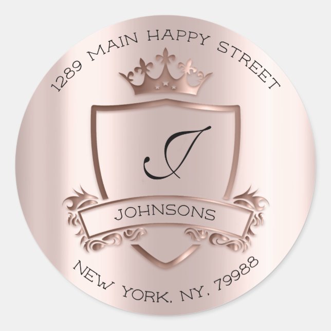 Sticker Rond Monogramme Adresse Couronne Royal RSVP Rose Mariag (Devant)