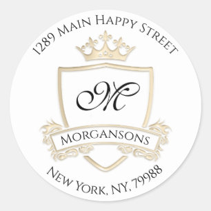 Sticker Rond Monogramme Adresse Couronne Royal White Gold RSVP