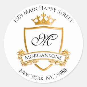 Sticker Rond Monogramme Adresse Couronne Royal White Golden RSV