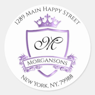 Sticker Rond Monogramme Adresse Couronne Royal White Purple RSV