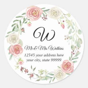 Sticker Rond Monogramme Adresse de retour Blush Ivory Rose Flor