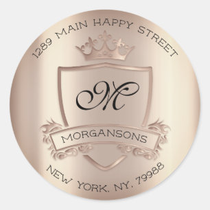 Sticker Rond Monogramme Adresse de retour Couronne Rose royal B