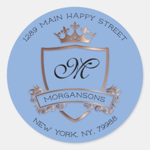 Sticker Rond Monogramme Adresse de retour Couronne Rose royal b