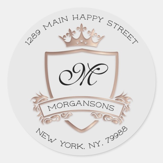 Sticker Rond Monogramme Adresse de retour Couronne Rose royal G (Devant)