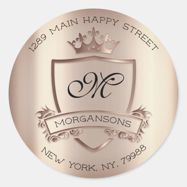 Sticker Rond Monogramme Adresse de retour Couronne Rose royal O (Devant)