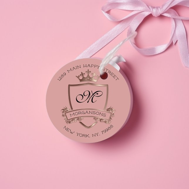 Sticker Rond Monogramme Adresse de retour Couronne Rose royal r (Créateur téléchargé)