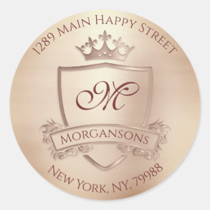 Sticker Rond Monogramme Adresse de retour Couronne Royal Blush