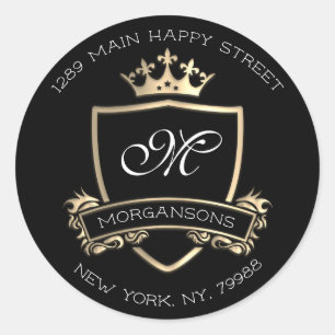 Sticker Rond Monogramme Adresse de retour Couronne Royal Gold N