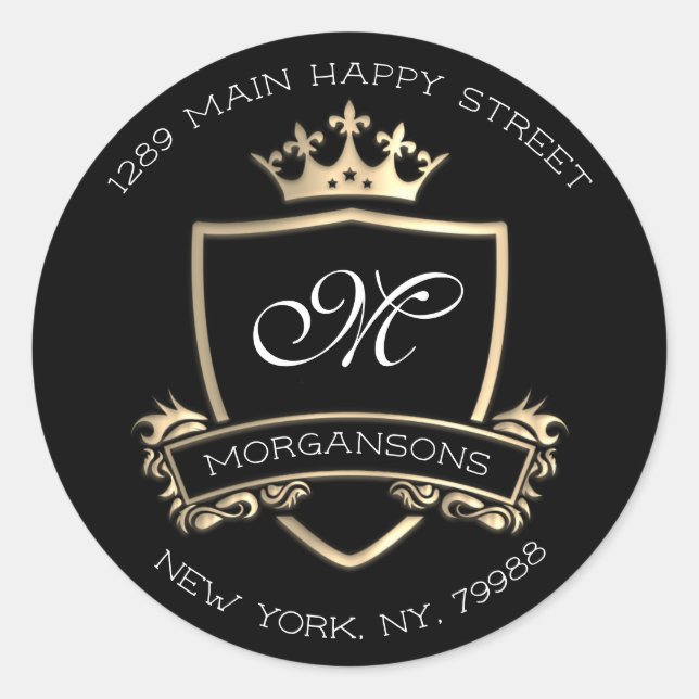 Sticker Rond Monogramme Adresse de retour Couronne Royal Gold N (Devant)