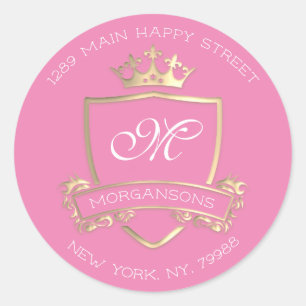 Sticker Rond Monogramme Adresse de retour Couronne Royal Gold R