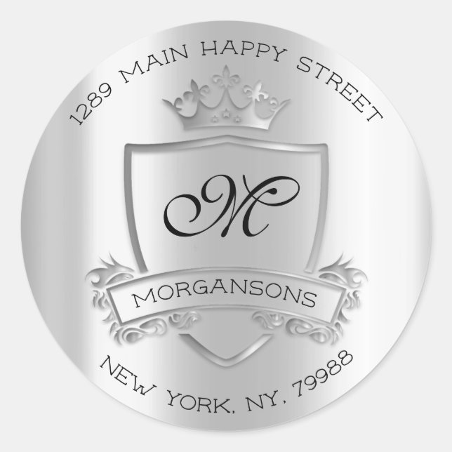 Sticker Rond Monogramme Adresse de retour Crown Royal Silver Gr (Devant)