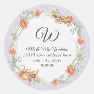 Sticker Rond Monogramme Adresse de Retour Fleurs de Lilas Viole