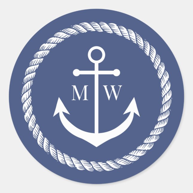 Sticker Rond Monogramme Ancre bleue et corde (Devant)
