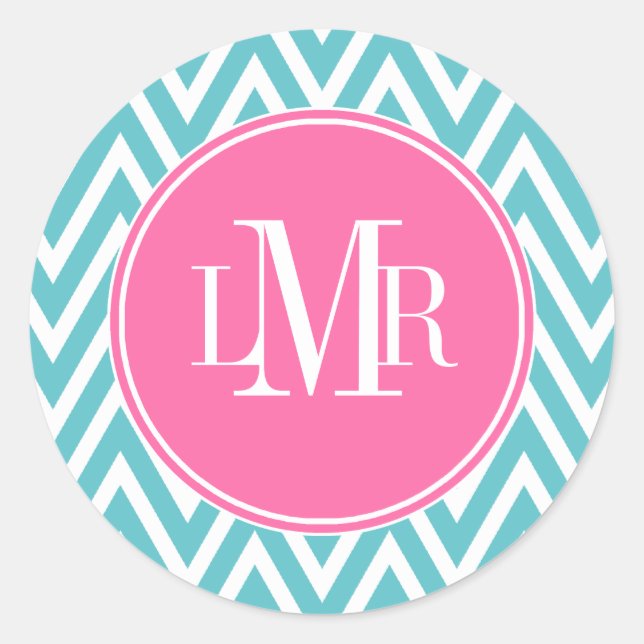 Sticker Rond Monogramme Aqua et Chevrons Rose (Devant)