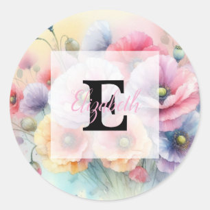 Sticker Rond Monogramme aquarelle florale fleurs de pavot roses