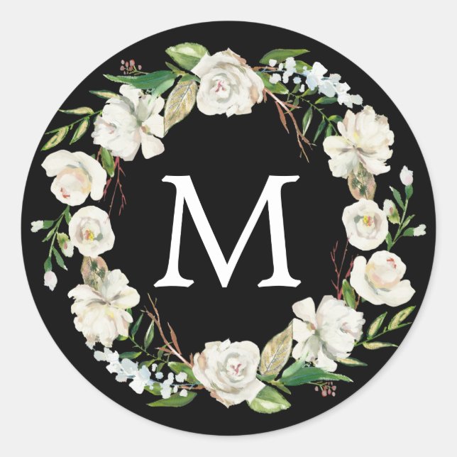 Sticker Rond Monogramme Aquarelle Noir Blanc Floral Wreath (Devant)